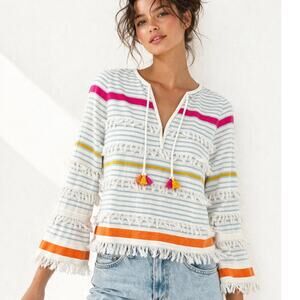 Lisa Todd Boho Fringe Stripe Cotton Blouse Top Size M Spring Cottagecore